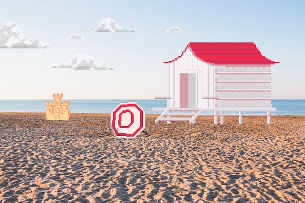 Foto gratuita effetto pixel art digitale della casa sulla spiaggia