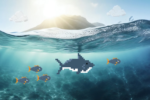 Foto gratuita effetto pixel art digitale di squali e pesci sott'acqua