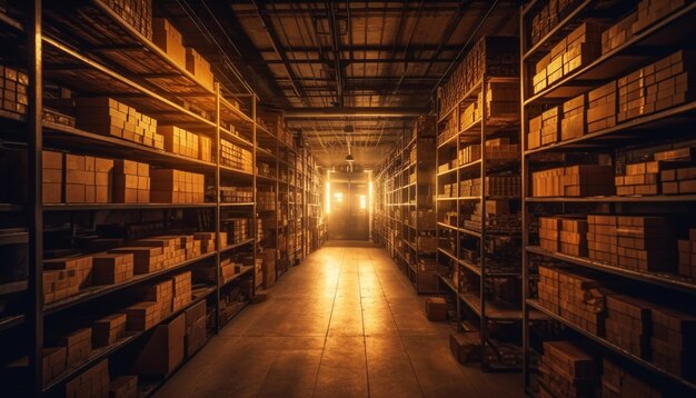 Diminishing perspective of old archive shelves glow generated by AI