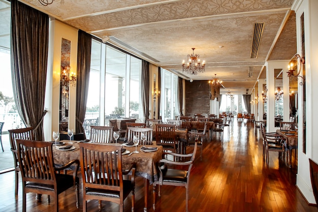 Dining table with chairs and tableware