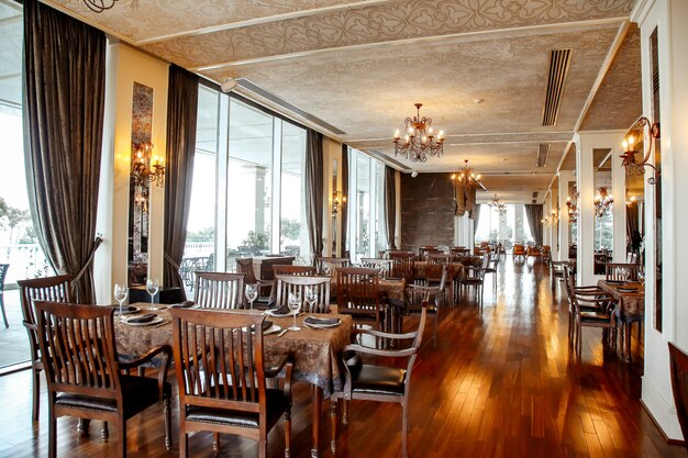 Dining table with chairs and tableware