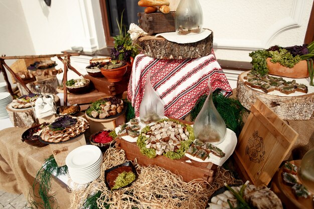 Dinner table decorated with wooden blocks