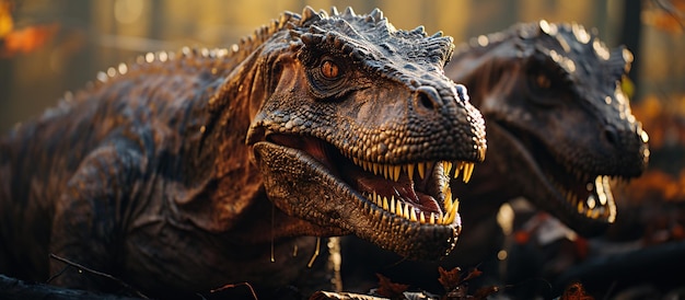 Dinosaur Tyrannosaurus Rex in the forest Closeup