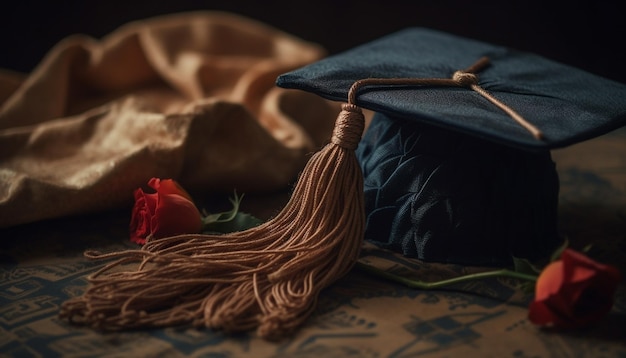 Diploma and tassel on rustic wooden table generated by AI