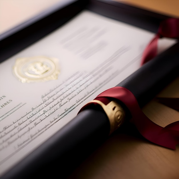無料写真 赤いリボンと木製のテーブルの上の弓を持つ卒業証書