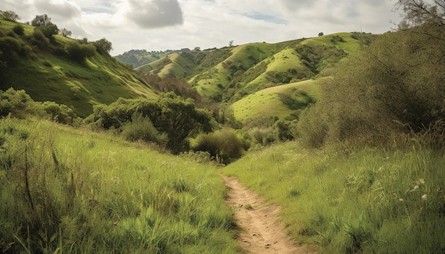 Free photo a dirt path leads through a grassy landscape with hills in the background.