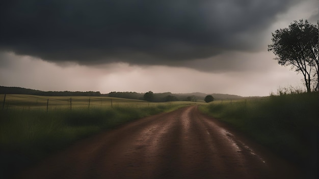 Dirt road in the countryside with dark storm clouds in the sky