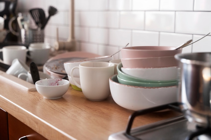 Free Photo dirty home concept with dishes pile