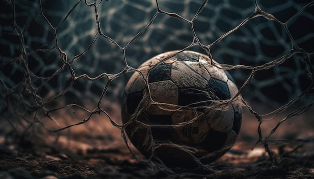 Foto gratuita pallone da calcio sporco su campo in erba bagnata generato dall'intelligenza artificiale