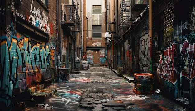 Грязные улицы, граффити, стены, хаотичная городская жизнь, созданная искусственным интеллектом