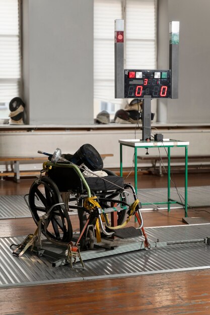 Disabled fencer special equipment on wheelchair