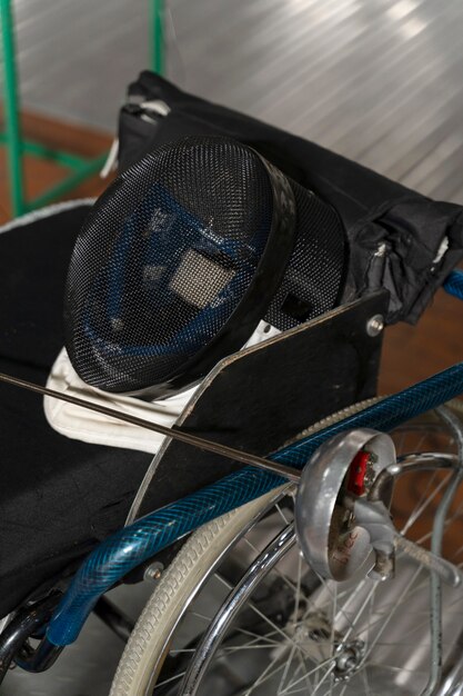 Disabled fencer special equipment on wheelchair