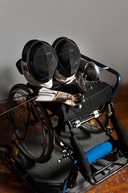 Disabled fencer special equipment on wheelchair