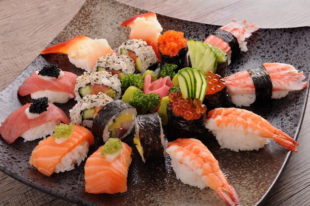 Dish of assorted sushi