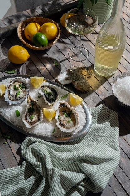 Dish made of oysters with citrus and ice cubes