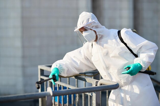 Disinfectant worker sanitizing city area in order to prevent spread of coronavirus