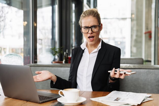 Displeased confused business lady