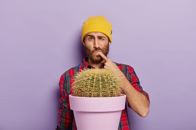 Displeased young man pricks his finger from cactus thorn, stands near potted plant, wears yellow hat
