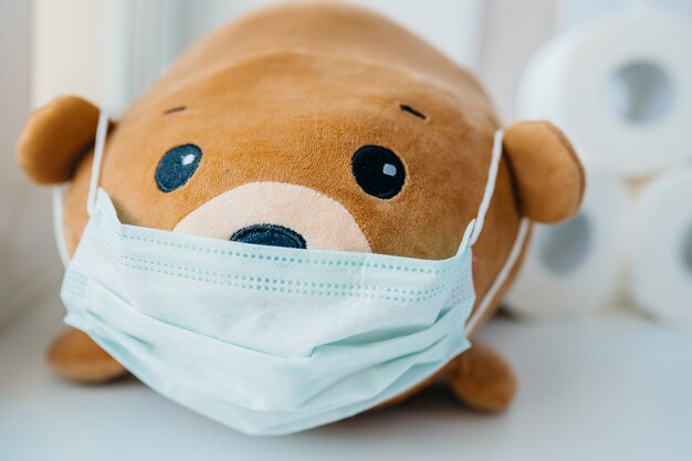 갈색 곰에 일회용 의료 보호 얼굴 마스크