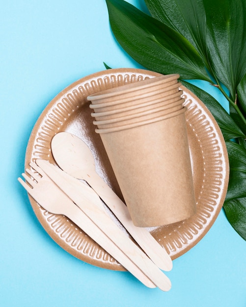 Disposable plates with cups and cutlery flat lay