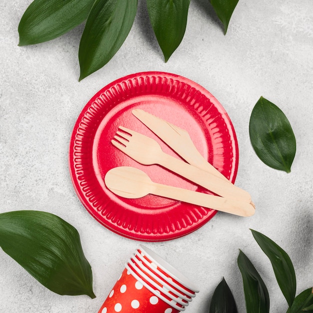 Free photo disposable tableware with home leaves