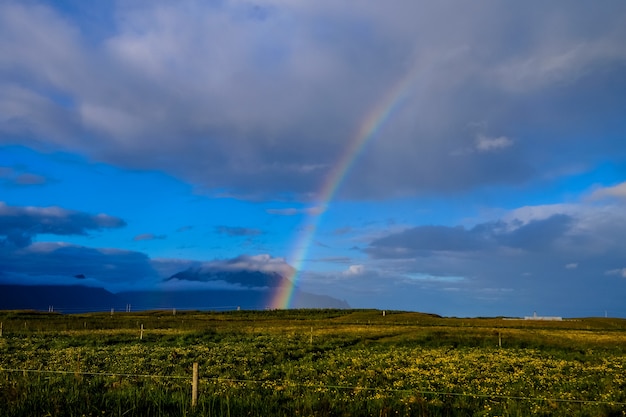 Distant shot of a rainbow over horizon above a grass field in a cloudy sky
