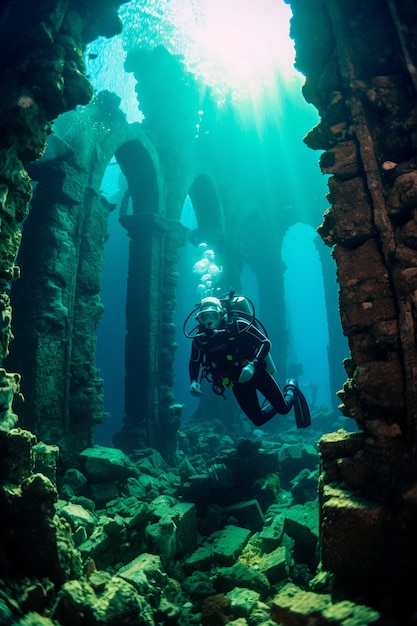 考古学的な水中建物の遺跡を探索するダイバー