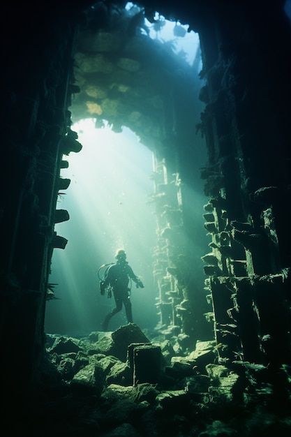 Subacqueo che esplora le rovine archeologiche di edifici sottomarini