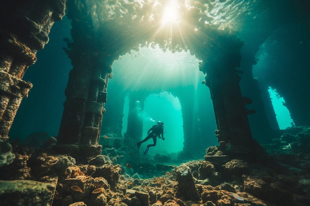 考古学的な水中建物の遺跡を探索するダイバー