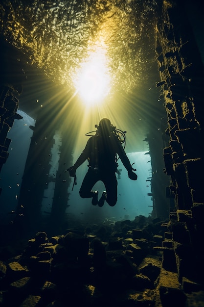 Free photo diver exploring archeological underwater building ruins