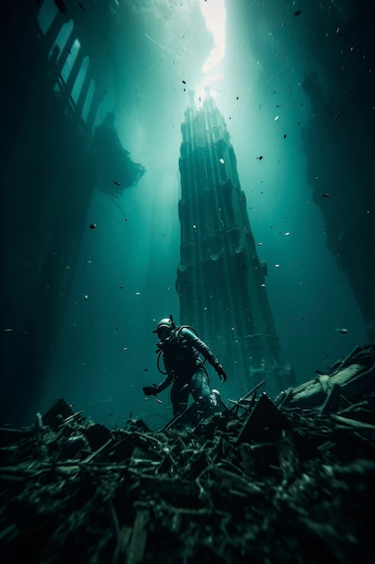 Diver exploring archeological underwater building ruins