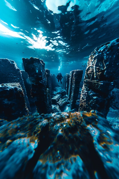 Free photo diver under the sea surrounded by archeological building ruins