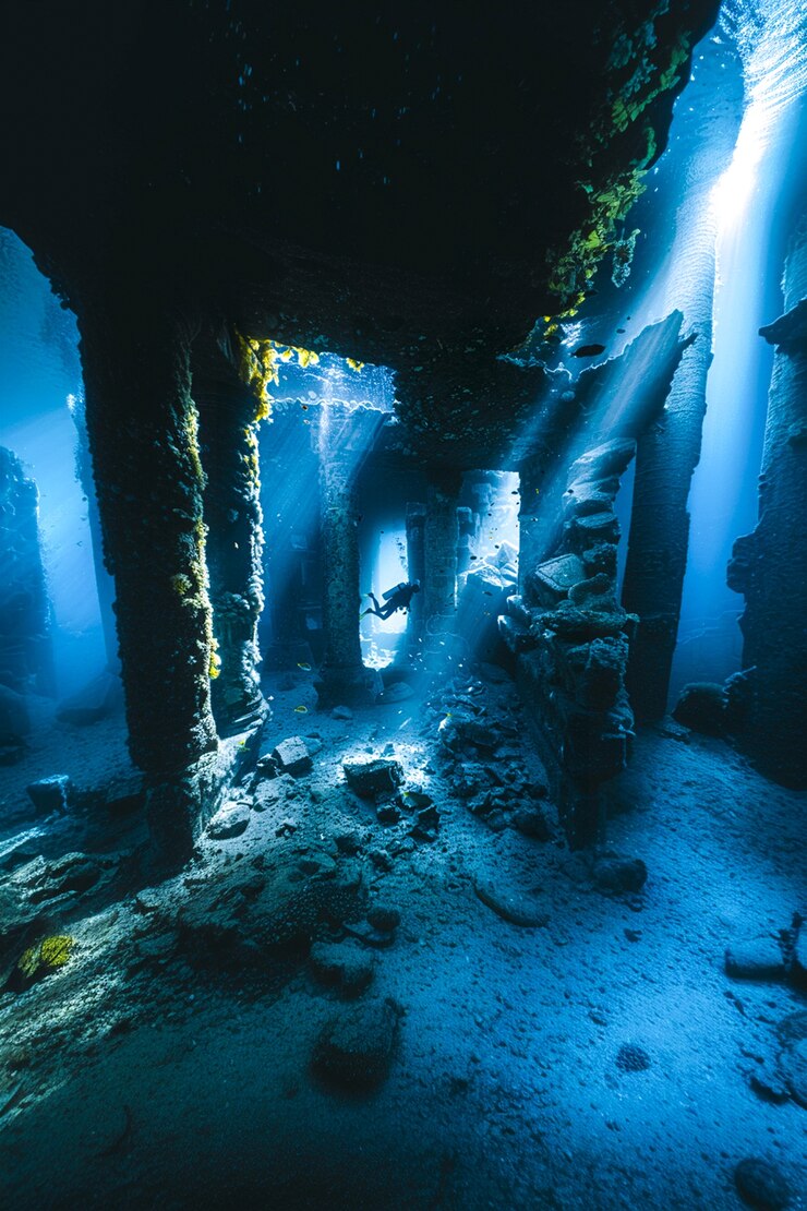 Free Photo diver under the sea surrounded by archeological building ruins