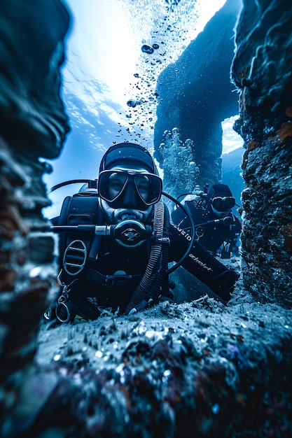 diver under the sea surrounded by archeological building ruins