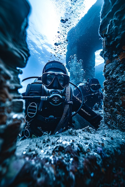 Free photo diver under the sea surrounded by archeological building ruins