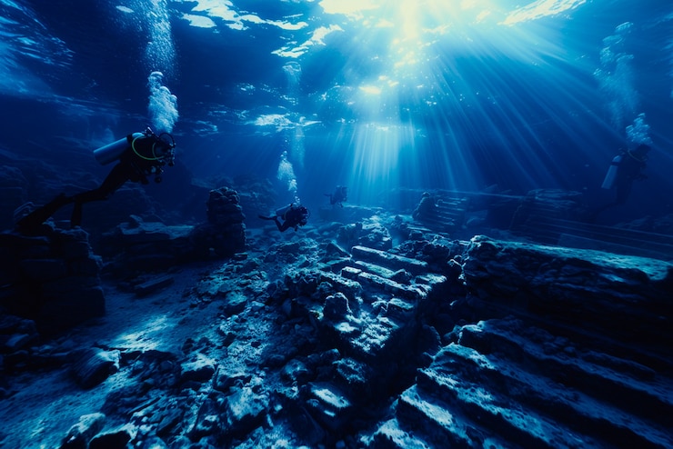 Free Photo diver under the sea surrounded by archeological building ruins