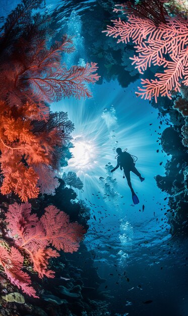 Diver under sea surrounded by wild nature