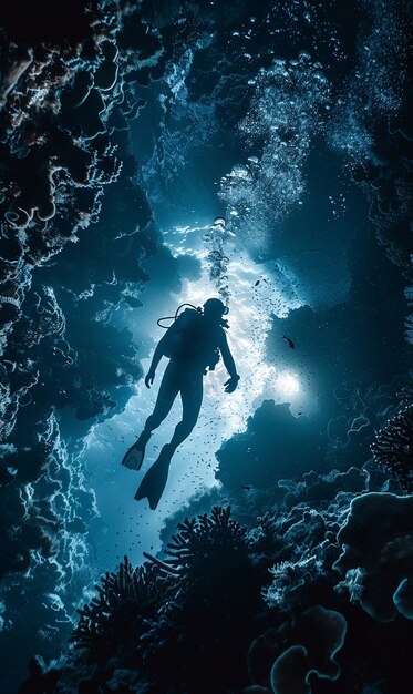 野生の自然に囲まれた海底のダイバー