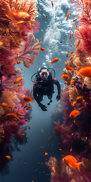 Diver under sea surrounded by wild nature