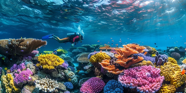 Diver under sea surrounded by wild nature