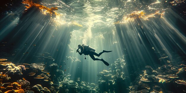 Diver under sea surrounded by wild nature