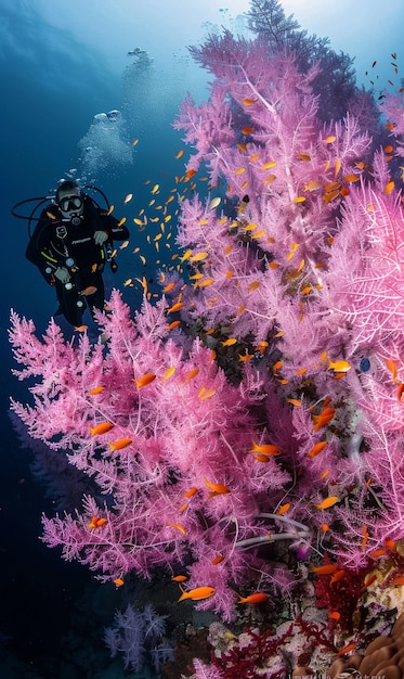 Diver under sea surrounded by wild nature