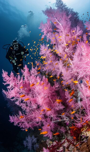 野生の自然に囲まれた海底のダイバー