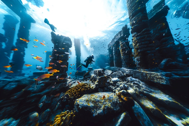 Бесплатное фото Дайвер под морем, окруженный руинами археологических зданий.