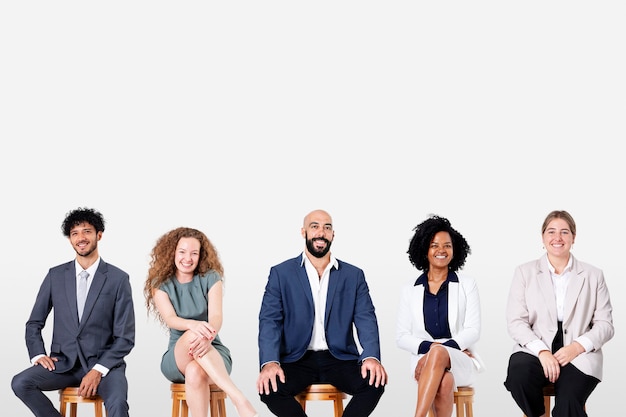 Бесплатное фото Разнообразные деловые люди улыбаются, сидя на работе и карьерной кампании