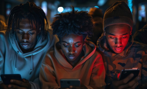Diverse people addicted to their smart devices scrolling through and looking into their screens