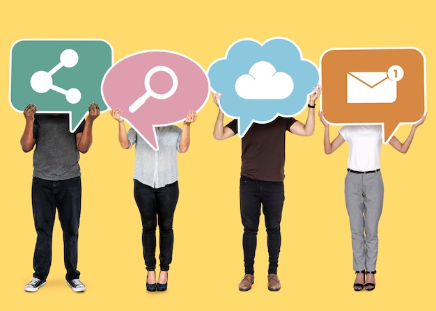 Diverse people holding cloud network symbols