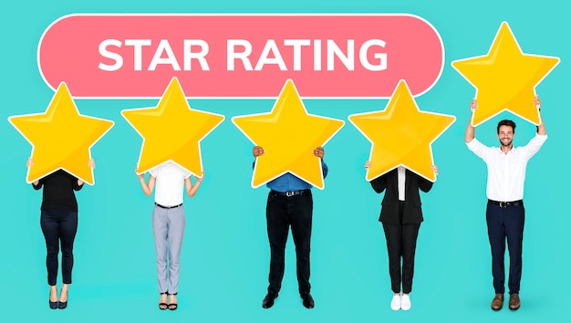 Diverse people showing golden star rating symbol