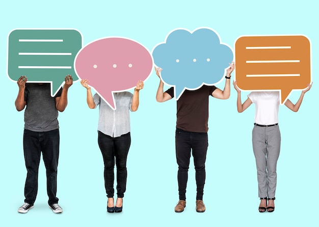 Diverse people showing speech bubble symbols