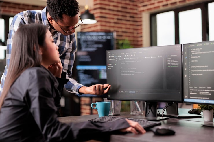 Free Photo diverse programmers discussing about html code compiling discovers errors, standing in front of multiple screens in startup office. software developers working on server interface development.